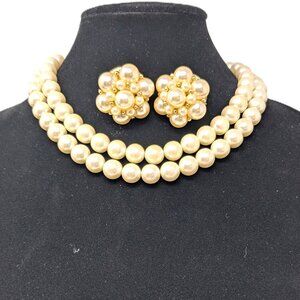 Vintage MCM Faux Pearl Necklace & Cluster Clip Earrings Set 2 Strand 17 in